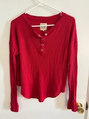 Red Thermal Henley Long-Sleeve Top